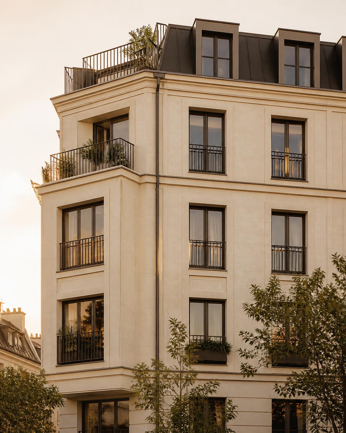 Modern apartment building facade at golden hour